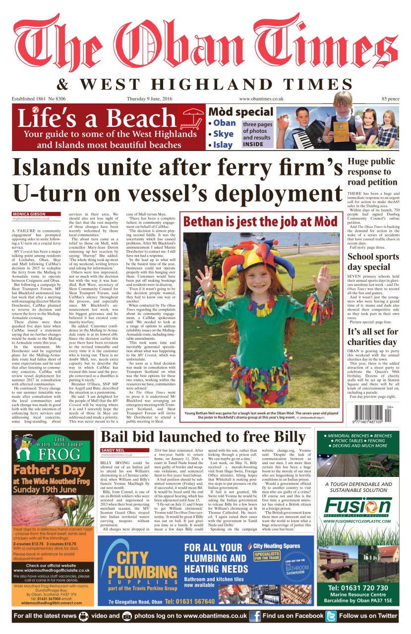 The Oban Times & Lochaber Times Magazine - 9th June 2016 Back Issue