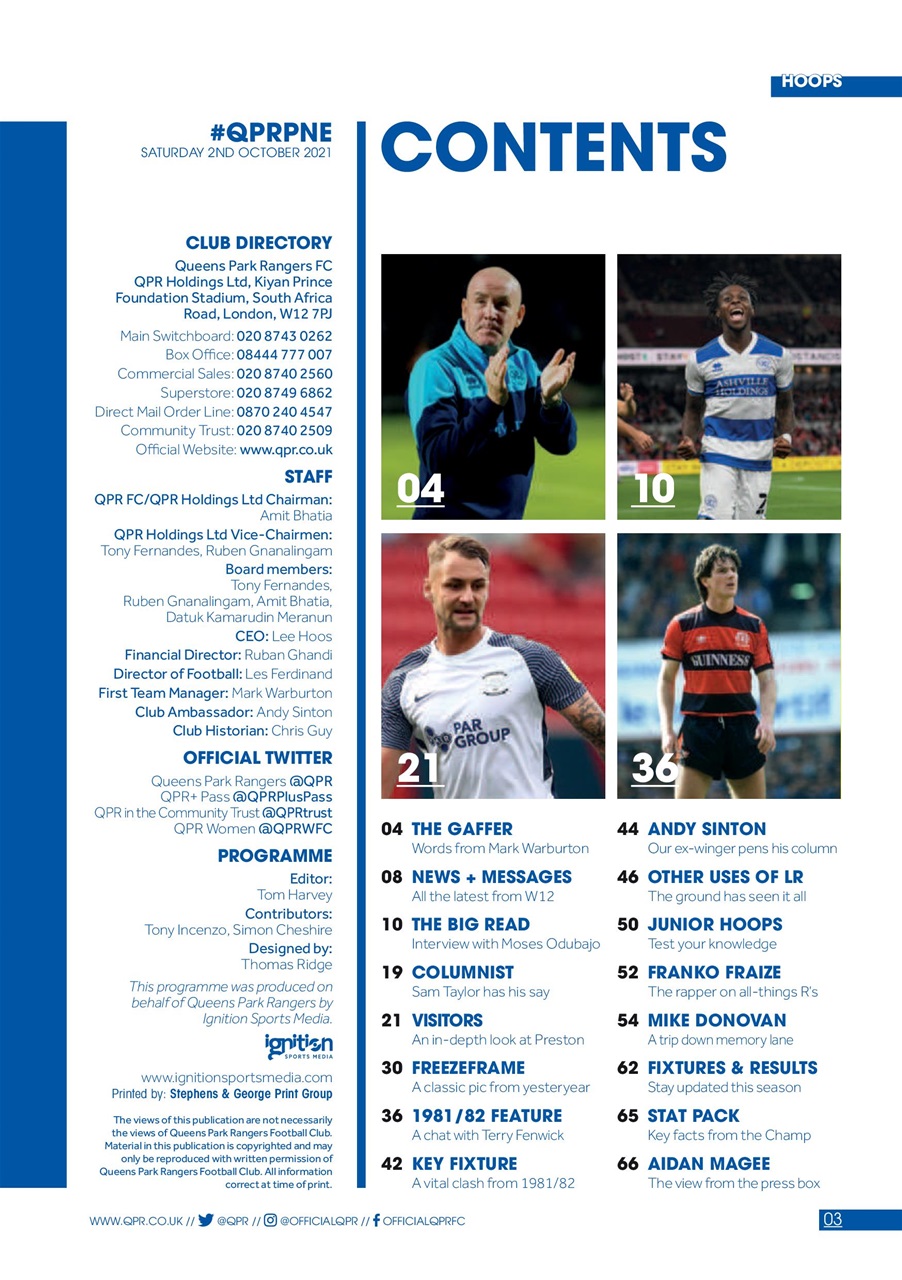 QPR Official Programmes QPR v PNE Back Issue